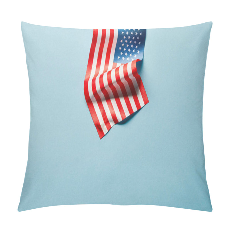 Personality  top view of american flag on stick on blue background with copy space pillow covers