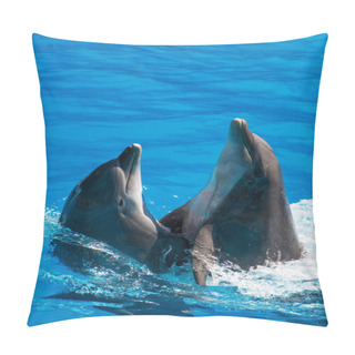 Personality  Two Dolphins Dancing In Water. Place For Text. Pillow Covers