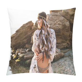 Personality Image Of Smiling Hippy Girl Wearing Feather Headband Walking By  Pillow Covers
