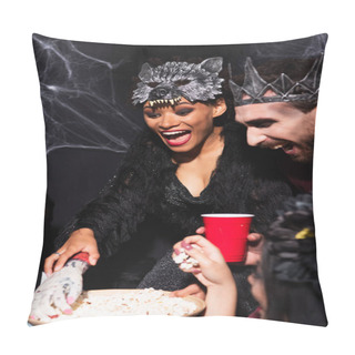Personality  Cheerful African American Woman Taking Popcorn With Toy Hand Near Man In Vampire Halloween Costume On Black Pillow Covers
