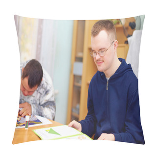 Personality  Young Adult Man Engages In Self Study, In Rehabilitation Center Pillow Covers