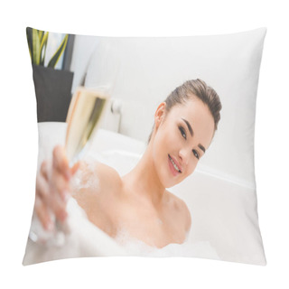Personality  Selective Focus Of Beautiful Woman With Glass Of Champagne Taking Bath Pillow Covers