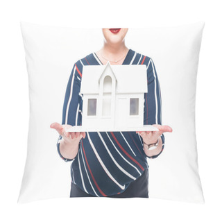 Personality  Cropped Image Of Female Realtor Showing Maquette Of House Isolated On White Background Pillow Covers