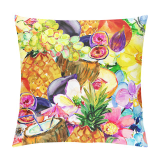 Personality  Pattern With Coconut Cocktail, Fruits And Tropical Flowers. Pillow Covers