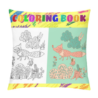 Personality  Coloring Book For Kids. Sketchy Little Pink Fox In The Forest Wi Pillow Covers