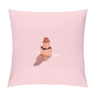 Personality  Open Classic Red Lipstick In Metal Golden Case On Pink Background Pillow Covers