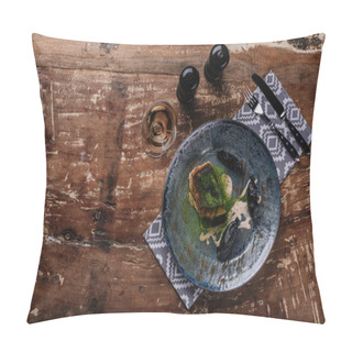 Personality  Top View Of Gourmet Fried Zander And Glass Of Wine On Wooden Table Pillow Covers