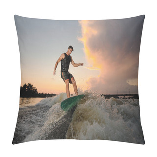 Personality  Young Man Wakesurfing Down The River Waves On The Background Of Beautiful Cloudy Sky In Evening Pillow Covers