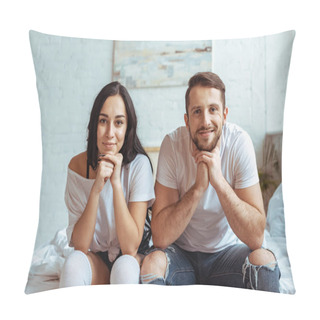 Personality  Handsome Man In Jeans And Beautiful Woman In T-shirt Sitting On Bed And Looking At Camera  Pillow Covers