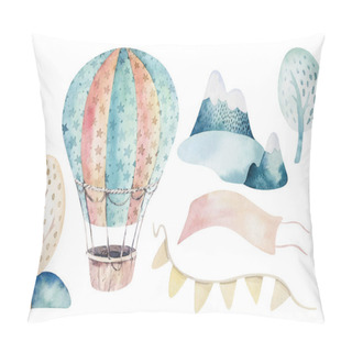 Personality  Watercolor Set Background Illustration Of A Cute And Fancy Sky Scene Complete With Airplanes, Helicopters And Balloons, Clouds. Boy Pattern. Its A Baby Shower Illustration Pillow Covers