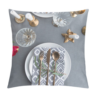 Personality  Flat Lay With Beautiful Rustic Table Arrangement With Old Fashioned Tarnished Cutlery And Wine Glasses  Pillow Covers