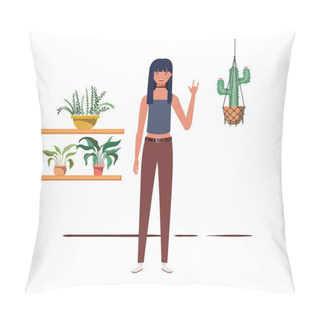 Personality  Woman With Houseplant And Macrame Hangers Pillow Covers