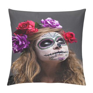 Personality  Halloween Witch. Beautiful Woman Wearing Santa Muerte Mask Portr Pillow Covers