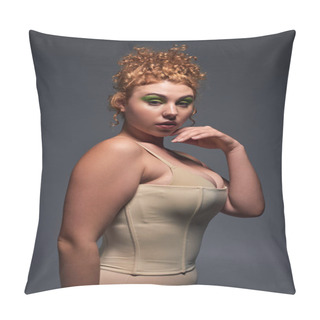 Personality  Sensual Redhead Plus Size Woman In Beige Underwear Posing With Hand Near Face On Dark Grey Backdrop Pillow Covers