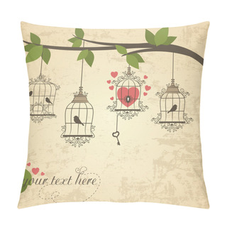 Personality  Retro Birds In A Cage. Vector Illustration Of Valentines Theme Pillow Covers