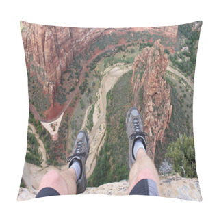 Personality  First Person Perspective Shot From A Hiker Sitting At The Edge Of A Cliff At Angel's Landing In Zion National Park. Pillow Covers