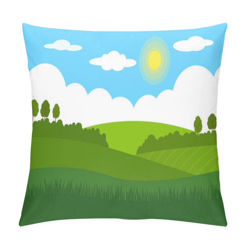 Personality  Rural landscape landscape. Green fields, meadows, bushes and trees against the blue sky with clouds and the bright sun. flat vector illustration pillow covers