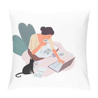 Personality  Woman Sitting On The Floor Working At A Computer And Papers With A Cup Of Hot Tea. Pillow Covers