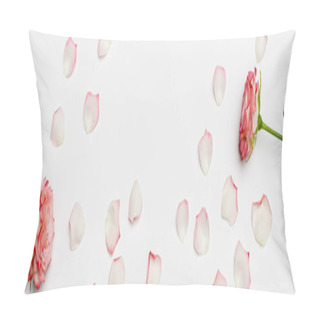 Personality  Top View Of Blooming Roses Near Petals On White, Banner Pillow Covers