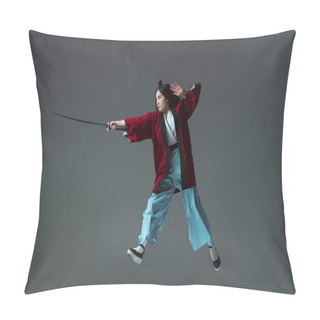 Personality  Full Length View Of Samurai In Kimono Fighting With Katana In Jump Isolated On Grey Pillow Covers