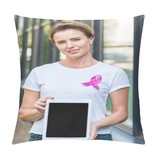 Personality  Woman With Pink Ribbon Holding Digital Tablet And Looking At Camera, Breast Cancer Awareness Concept     Pillow Covers