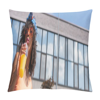 Personality  African American Woman In Headscarf Holding Plastic Cup And Drinking Orange Juice Outside, Banner Pillow Covers