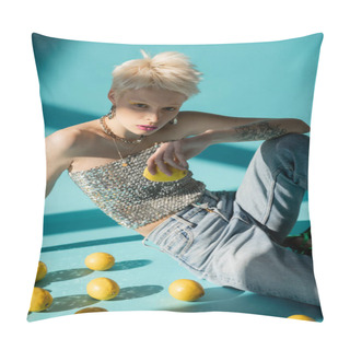 Personality  Tattooed Albino Woman In Shiny Top With Sequins Sitting Near Ripe Lemons On Blue  Pillow Covers