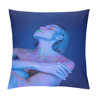 Personality  Naked Woman In Bright Makeup And Neon Body Paint Posing On Dark Blue Background Pillow Covers
