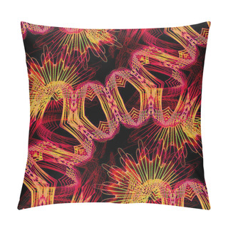 Personality  Abstract Geometric Multicolored Background Diagonally. Intricate Seamless Pattern Yellow, Red And Violet On Black, Conspicuous And Complex. Pillow Covers