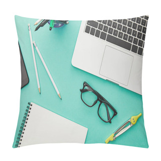 Personality  Top View Of Gadgets Near Glasses, Stationery And Notebook Isolated On Turquoise Pillow Covers
