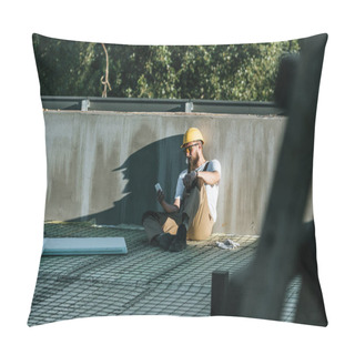 Personality  Young Builder In Hardhat And Protective Googles Using Smartphone And Resting At Construction Site  Pillow Covers