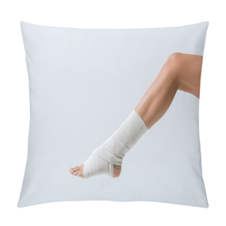 Personality  Partial View Of Barefoot Girl With Elastic Bandage On Foot Isolated On Grey Pillow Covers
