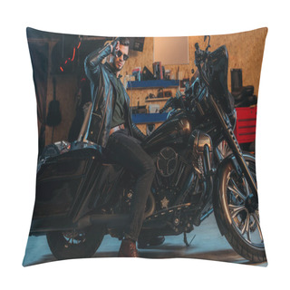 Personality  Handsome Young Man In Sunglasses Sitting On Bike At Garage Pillow Covers