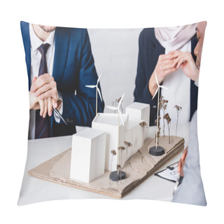 Personality  Partial View Of Multicultural Business Partners Near Model Of Alternative Power Station, Blurred Foreground Pillow Covers