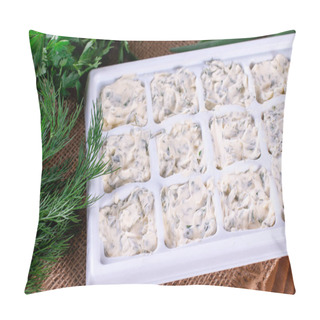 Personality  Frozen Cubes Of Herbs With Butter On A Wooden Table Pillow Covers