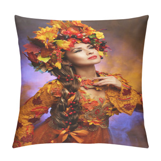 Personality  Atumn Queen Woman In Costume With Yellow And Red Leaves And Big Floral Wreath Pillow Covers