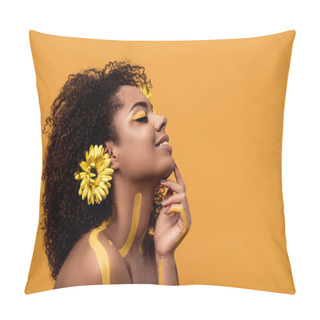 Personality  Young Tender African American Woman With Artistic Make-up And Gerbera In Hair Isolated On Orange Background Pillow Covers