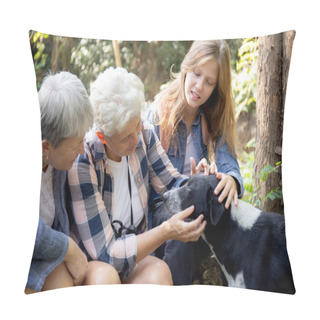 Personality  Teenager Girl And Two Grandmother Traveling Travel To Forest And Adventure While Playful With Dog Together With Happy, Senior Woman And Granddaughter Hiking With Fun And Vitality In Holiday. Pillow Covers