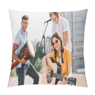 Personality  Multiracial Young People Performing Om Different Musical Instruments On Street Pillow Covers