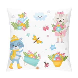 Personality  Hello Spring Card. Cute Illustration With A Bouquet Of Flowers In A Basket, Watering Can, Dragonfly, Cloud. Ute Raccoon With A Garden Wheelbarrow. Cute Cat With A Bouquet Of Flowers. Pillow Covers