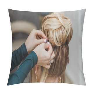 Personality  Hairdresser Makes Complex And Beautiful Hairstyle Upper Bun. Suitable For Evening And Wedding Style Pillow Covers