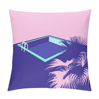 Personality  Flat Minimal Swimming Pool And Palm Tree, Simple Aesthetic Illustration Background Pillow Covers
