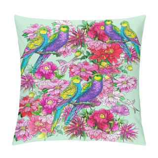 Personality  Parrots And Beautiful Flowers Pillow Covers