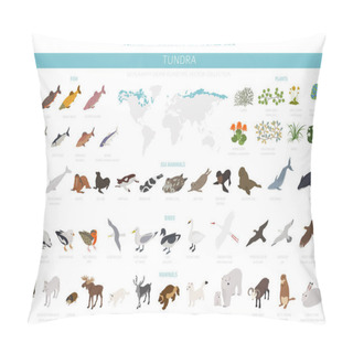 Personality  Tundra Biome. Isometric 3d Style. Terrestrial Ecosystem World Map. Arctic Animals, Birds, Fish And Plants Infographic Design. Vector Illustration Pillow Covers