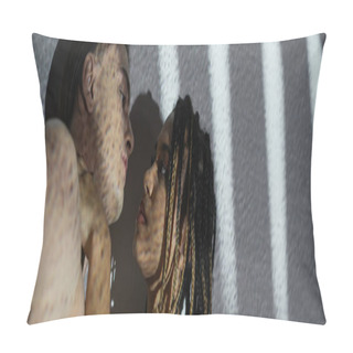 Personality  Low Angle View Of Attractive And Seductive African American Woman With Stylish Dreadlocks Standing Near Sexy Shirtless Man On White Textured Background With Grey Shadows, Banner Pillow Covers
