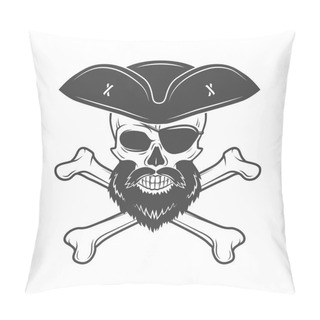 Personality  Pirate Skull In Cocked Hat With Beard, Eye Patch And Crossed Bones Vector. Edward Teach Portrait. Corsair Logo Template. Filibuster T-shirt Insignia Design Pillow Covers