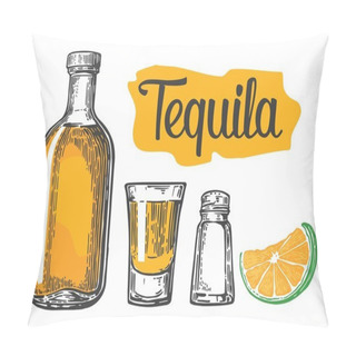 Personality  Glass And Botlle Of Tequila. Cactus, Salt, Lime. Glass And Botlle Of Tequila. Cactus, Salt And Lime  Hand Drawn Sketch Set Of Alcoholic Cocktails. Vector Illustration Pillow Covers