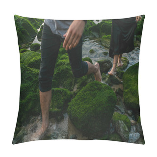 Personality  Cropped View Of Couple Walking Near Green Mossy Stones In Ocean Pillow Covers