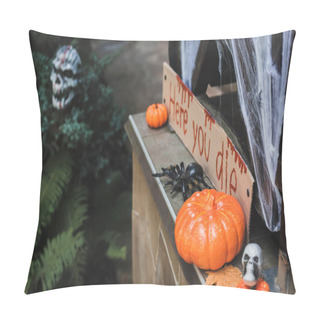 Personality  Carton Card With Here You Die Lettering Near Orange Pumpkins, Skull And Toy Spider On Porch Pillow Covers