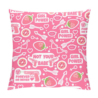 Personality  Pink Background With Fashion Elements. Seamless Pattern With Strawberry, Kiss, Lips, Donuts, Arrow, Hearts, Gun, Food, Sunglasses. Girl Power. Not Your Babe. Forever Or Never.  Pillow Covers